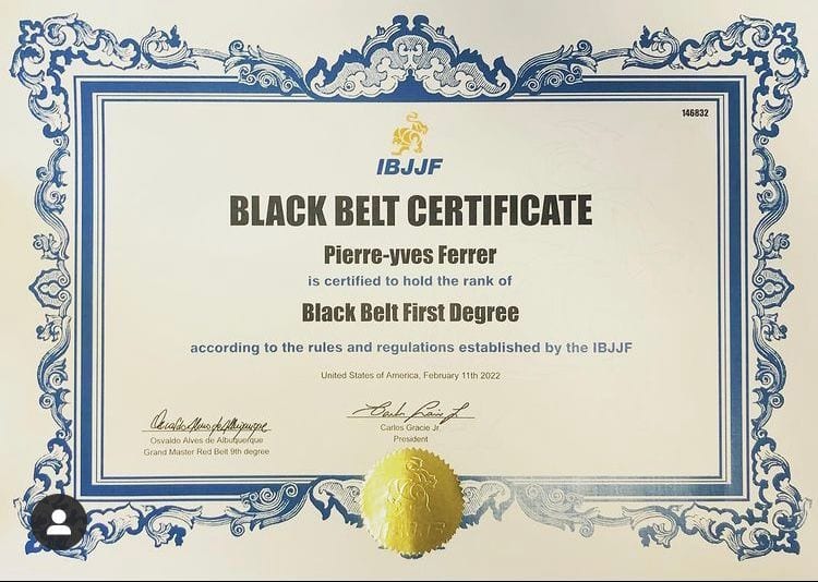 Certificat de ceinture noire de Jiu-Jitsu Brésilien délivré par l’IBJJF